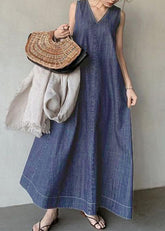 Vestido largo vaquero sin mangas con cuello en V y lazo en color negro de talla grande para vacaciones